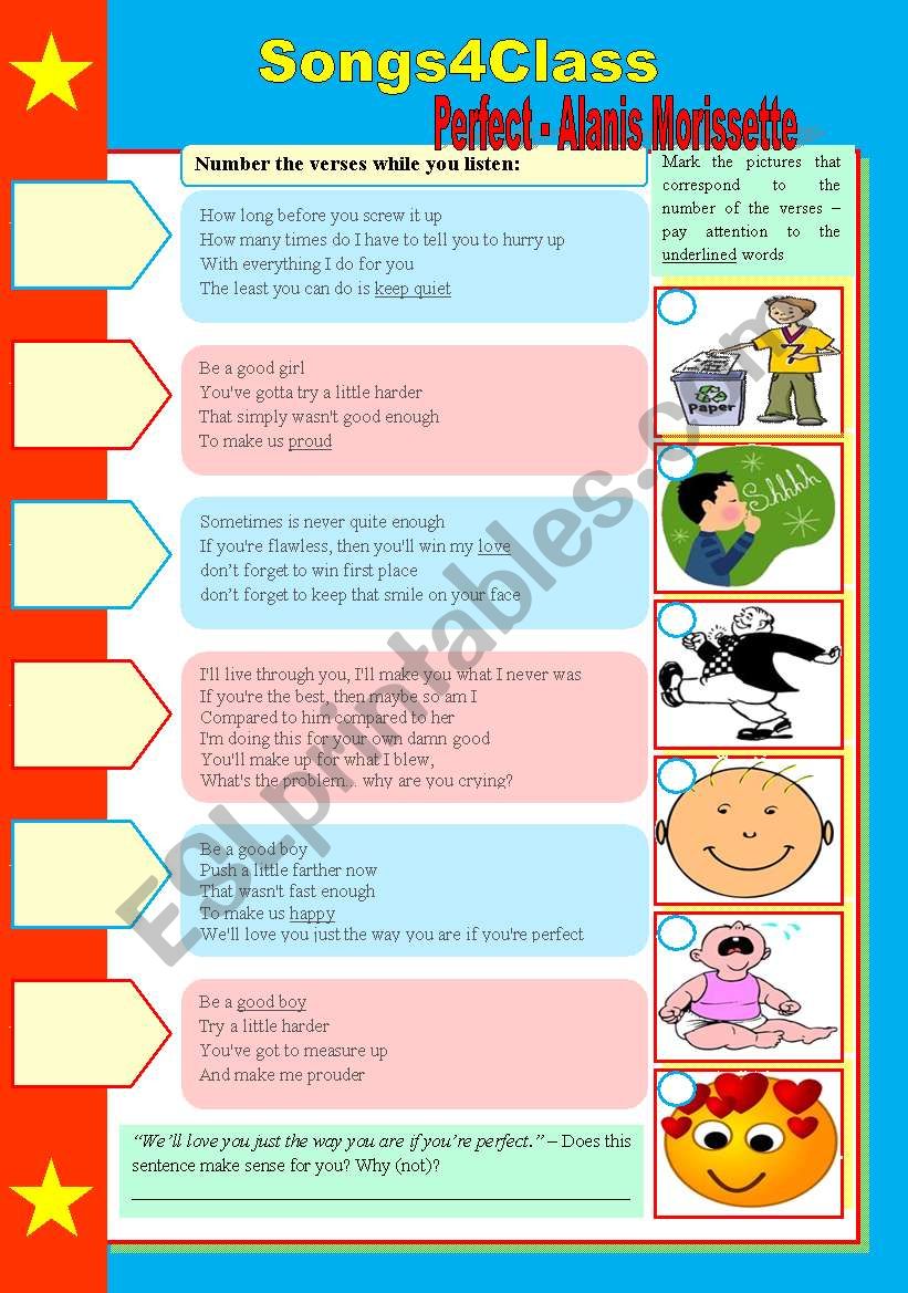 Songs4Class: Perfect  Alanis Morissette + 5 tasks  discussion on love, parents and children relationship, expectations, etc. [lyrics included] ((3 pages)) ***editable